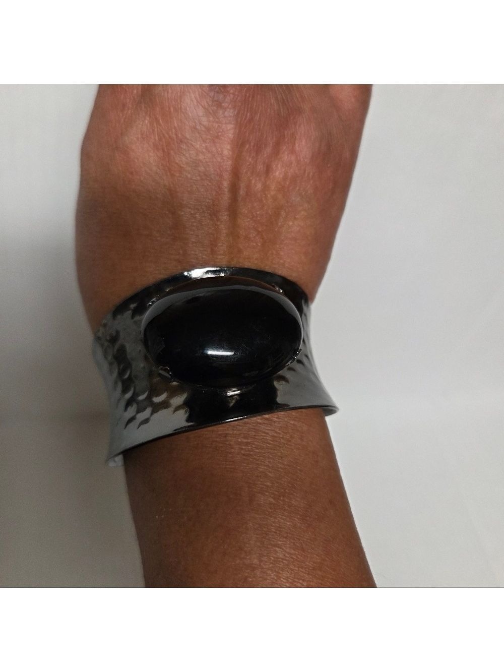 Gunmetal Black Hammered Metal Half-cuff with Faux Large Black Bead